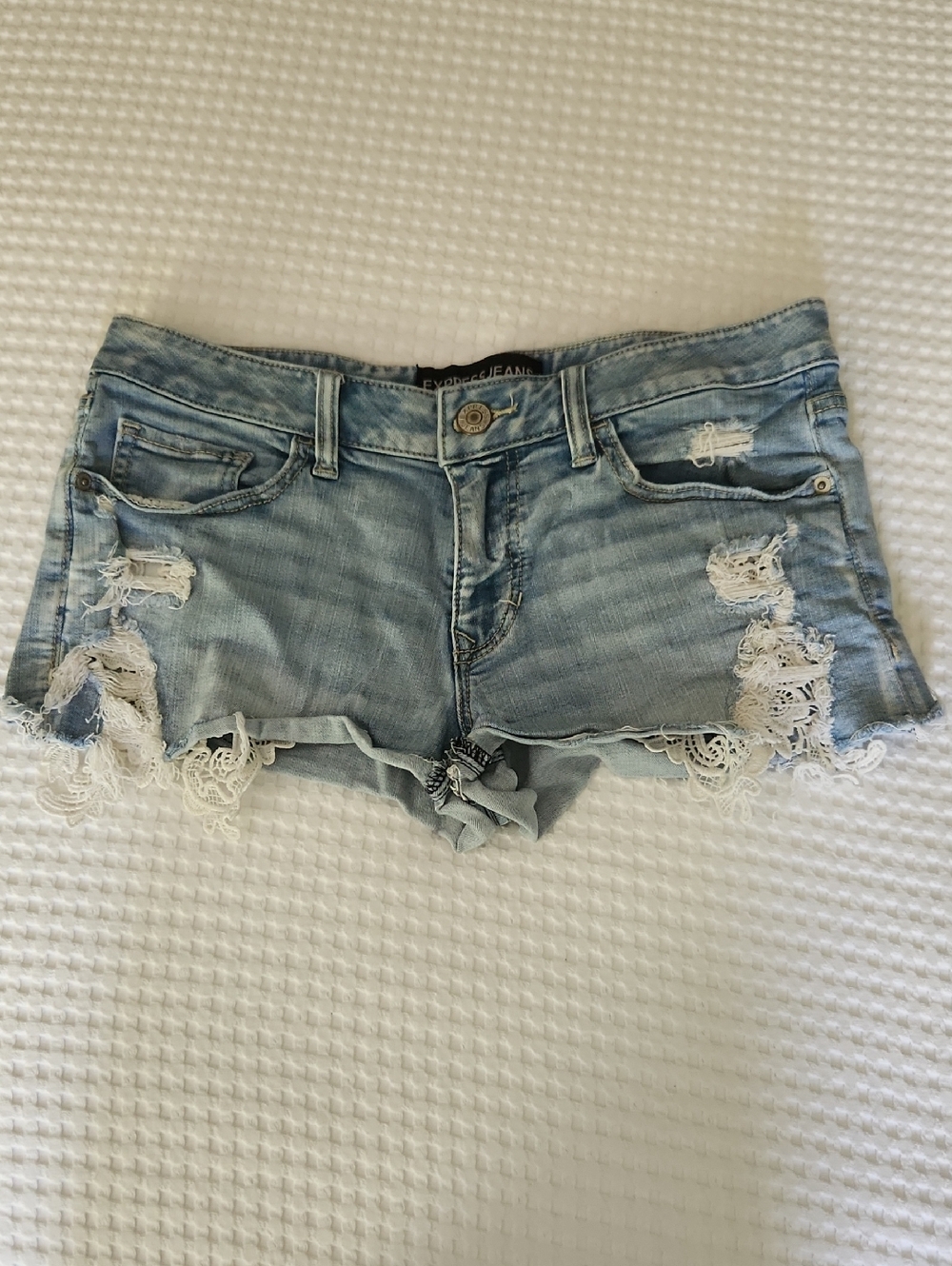 Express Light Blue Distressed Denim Shorts with White Lace Trim